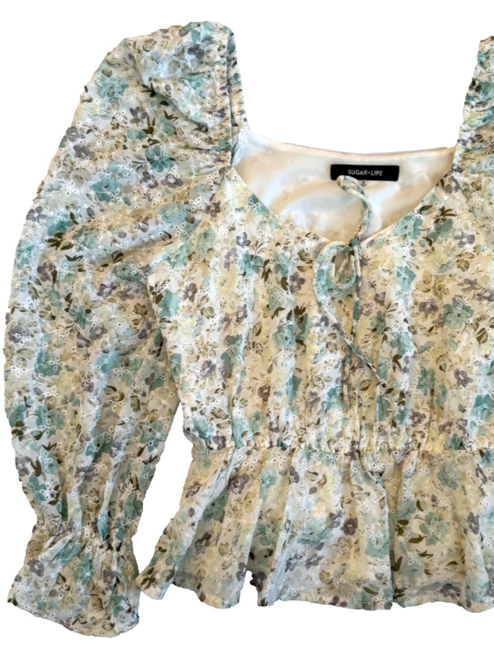 SUGARLIPS ANGELIQUE PEPLUM TOP WOMENS S WHITE FLORAL LONG SLEEVE RUFFLE 34"x21"